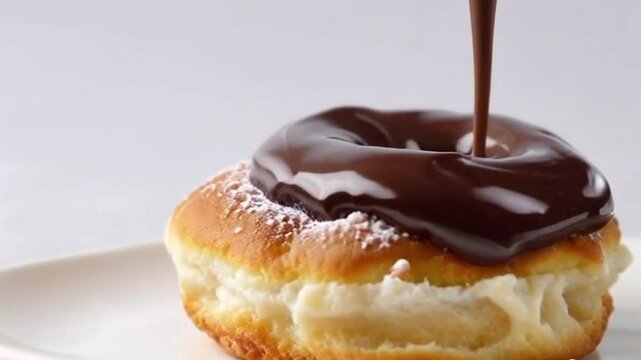 Chocolate cronut squeezed to release molten chocolate flowing in glossy waves against gray backdrop, emphasizing indulgence