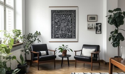 Modern living room with black and white artwork, stylish furniture, and indoor plants