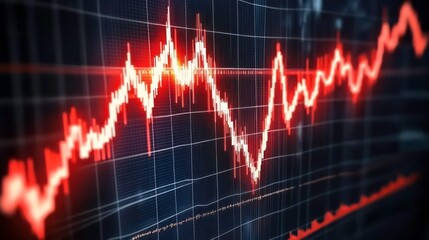 Red fluctuating line graph on dark grid background, showing market trends and data analysis.