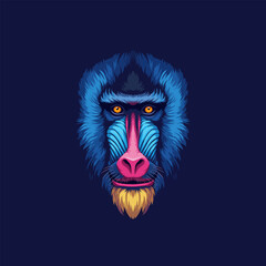 A stylized illustration depicts a mandrill's face in vibrant blue pink and yellow hues.