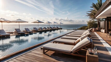 Obraz premium Wide-angle view of infinity pool at luxury beach resort, sparkling waters, azure sea vistas.