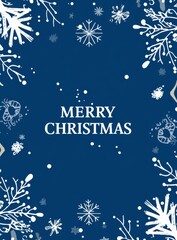 Christmas card design with dark blue background, white snowflakes and dots in the corners, "MERRY CHRISTMAS" text in elegant font at the center