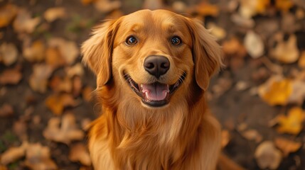 Obraz premium A dog with a cheerful expression, sitting happily in the park with its tail wagging, surrounded by vibrant autumn leaves, exuding joy and happiness