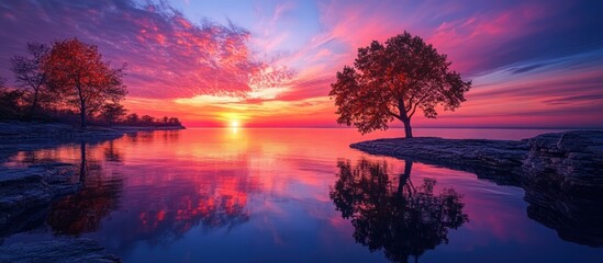 Obraz premium Vibrant sunset over calm lake with trees reflected in water.