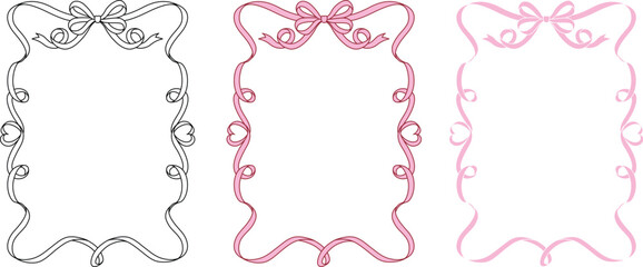 Hand drawn bow ribbon square frame with editable stroke thickness for wedding, valentines card and so on. Vector illustration.