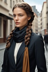 Naklejka premium woman with long braid hair in a black jacket and scarf