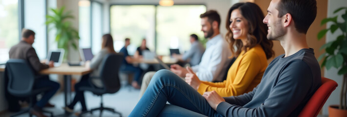 casual workers sit blurry office space wearing loose