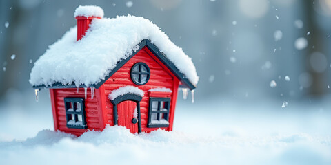 Naklejka premium colorful toy house in winter in a snowdrift in the snow and icicles