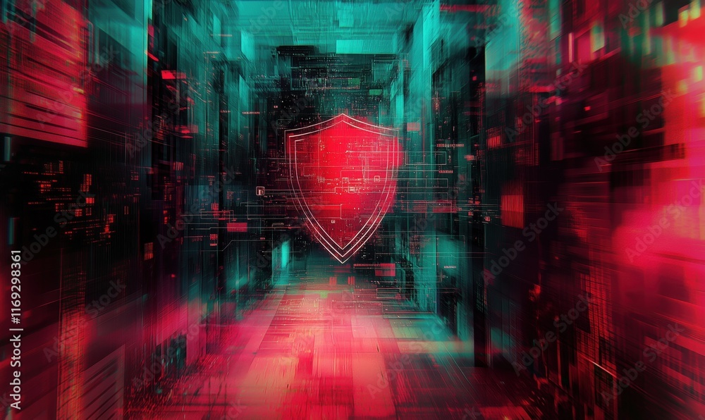 Poster digital security shield in abstract cyber environment with glowing lines and data streams