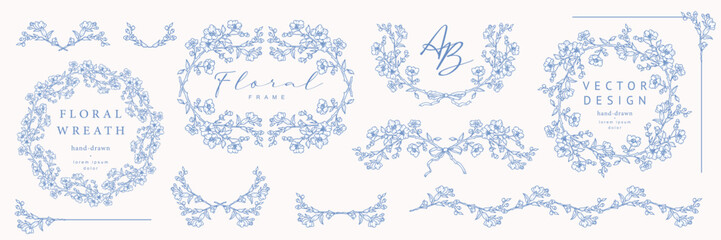 Floral frames with hand drawn spring blooming branches, leaves and flowers in line art style. Elegant flowers wreaths. Vector illustration for label, branding, wedding invitation, card, save the date