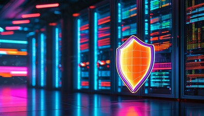 Digital Security Shield Symbol in Modern Data Center Environment