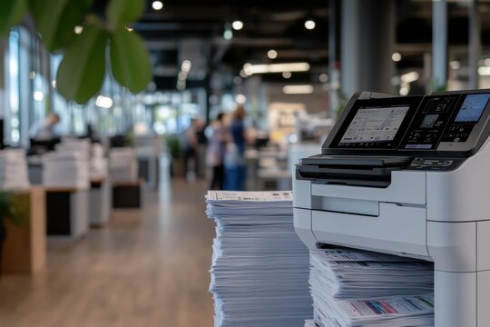 An advanced office space showcases a high-tech printer amidst stacks of printed documents, highlighting the fast-paced, efficient nature of modern business environments.