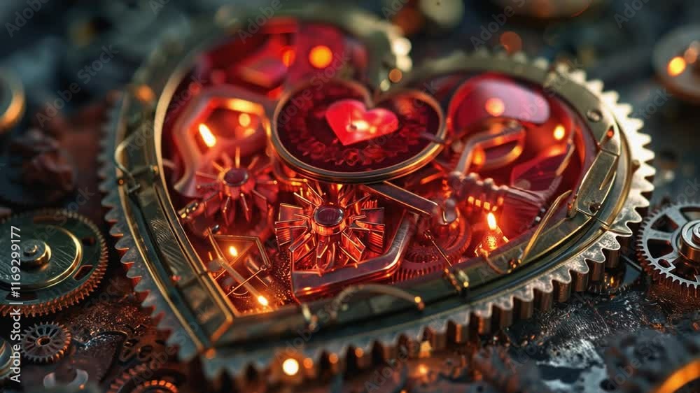 Poster this captivating mechanical heart filled with gears and glowing elements, perfect for valentines day