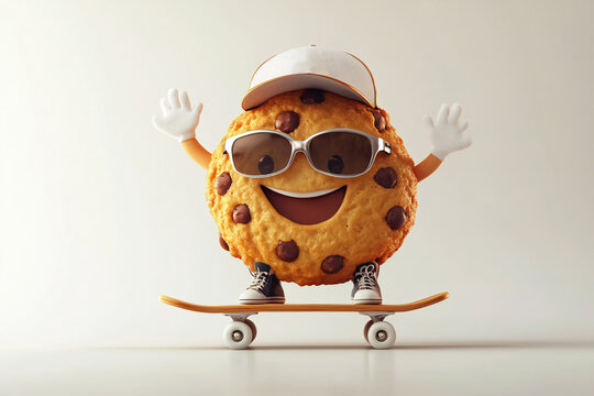 Cookies on skateboard with sunglasses cartoon mascot illustration character.3d Illustration.