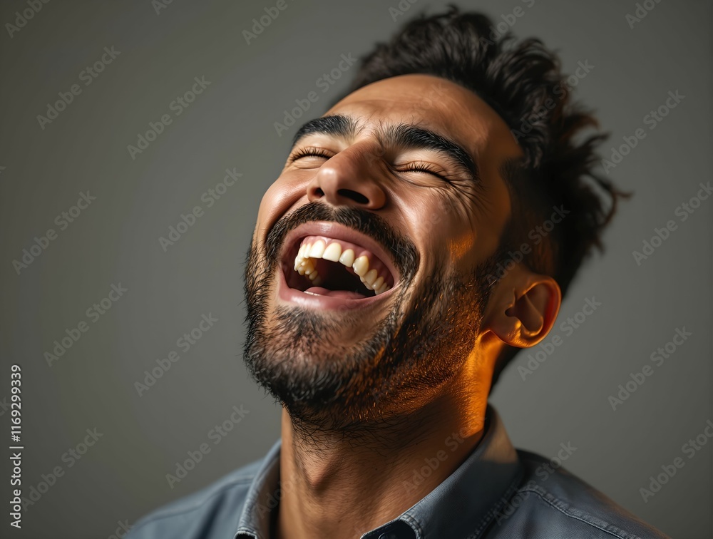 Poster man with a beard and messy hair. he is wearing a dark shirt, and the background is a gradient from d