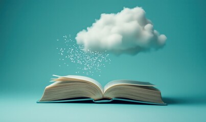 Open book with floating cloud and flying text particles, symbolizing imagination and creativity
