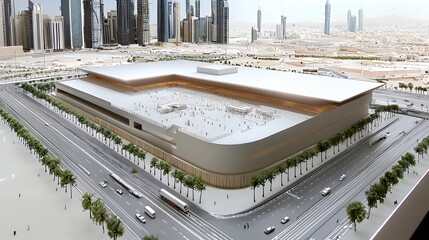 Architectural Model of Modern Convention Center in a Cityscape