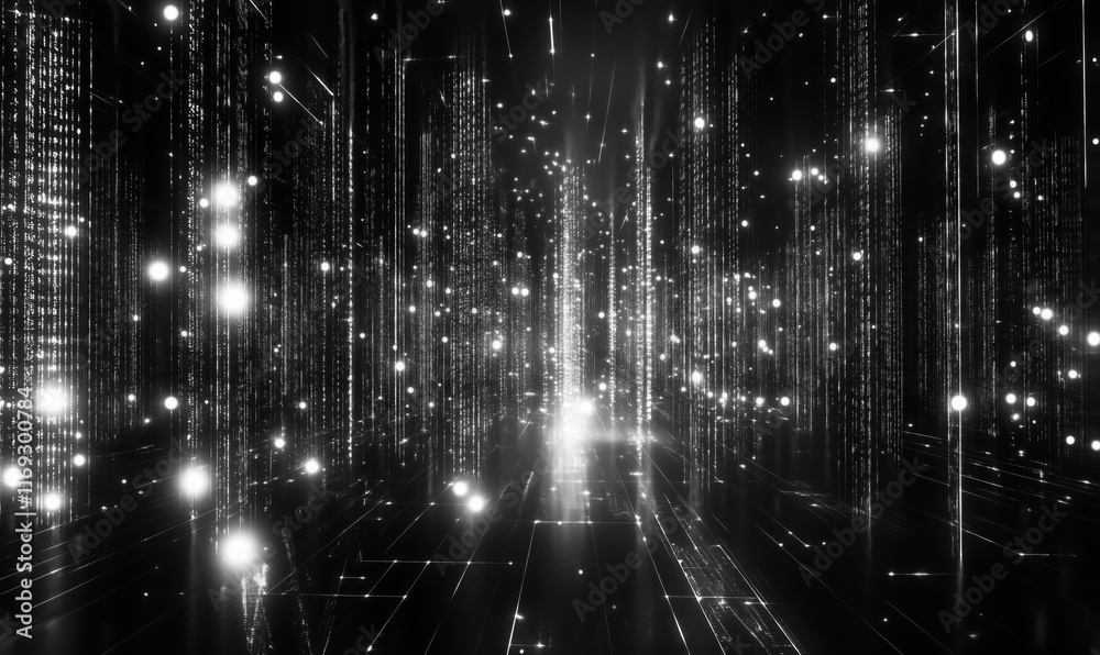 Poster futuristic digital landscape with glowing binary code and light particles creating a sense of depth 