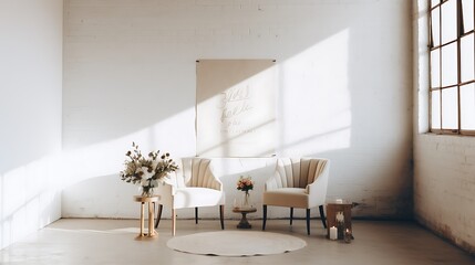 Fototapeta premium Minimalist Wedding Ceremony Setup With Elegant Chairs