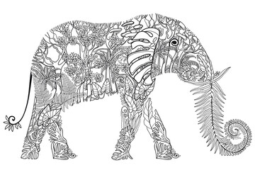 Floral elephant with outline tropical plants in black isolated on white background. 