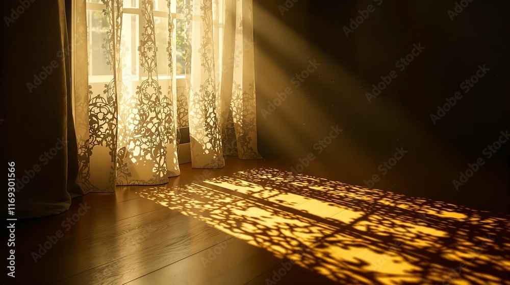 Poster room with sunlight streaming through an ornate window, casting intricate shadow patterns on the wood