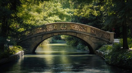 Serene Arch Bridge Over Calm Water Surrounded by Lush Greenery