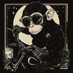 Obraz premium A stylized monkey wearing sunglasses and a leather jacket, posed on a motorcycle against a moonlit background.