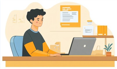 Young man working on laptop in modern office environment with organized workspace and documents on wall