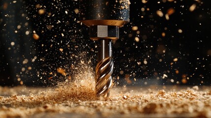 Close-up of a Drill Bit Cutting into Wood Generating Shavings