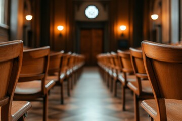 Fototapeta premium A courtroom viewed from the bench, showing the judge perspective as they oversee the proceedings
