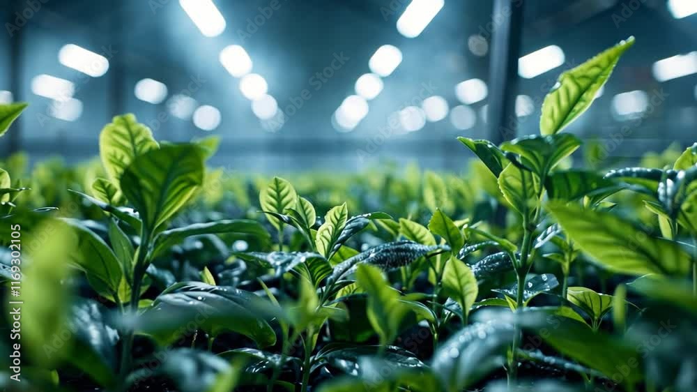 Poster lush green tea plants thrive in a controlled environment with bright artificial lights illuminating 