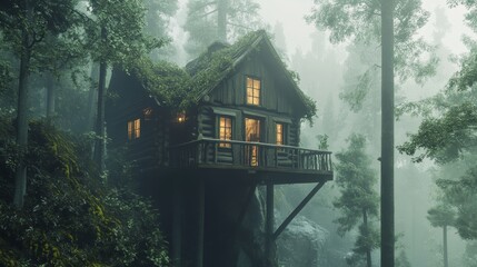 Fototapeta premium Enchanted Forest Cabin: A Mystical Retreat in the Misty Woods