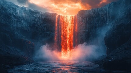 scene of a powerful waterfall plunging over towering mountain cliffs surrounded by dramatic clouds and illuminated by the warm glow of the setting sun creating a breathtaking natural spectacle