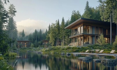 Modern eco-friendly cabins nestled in serene forest landscape with tranquil lake reflections and lush greenery