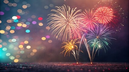 Fototapeta premium Vector decorative border with colorful exploding fireworks in the sky on transparent background - celebration card, festival banner