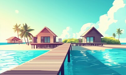 Fototapeta premium Tropical beach resort with overwater bungalows, wooden pier, palm trees, and clear blue waters under sunny sky