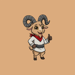 A happy cartoon goat wearing a white shirt and red neckerchief gives a thumbs up gesture.