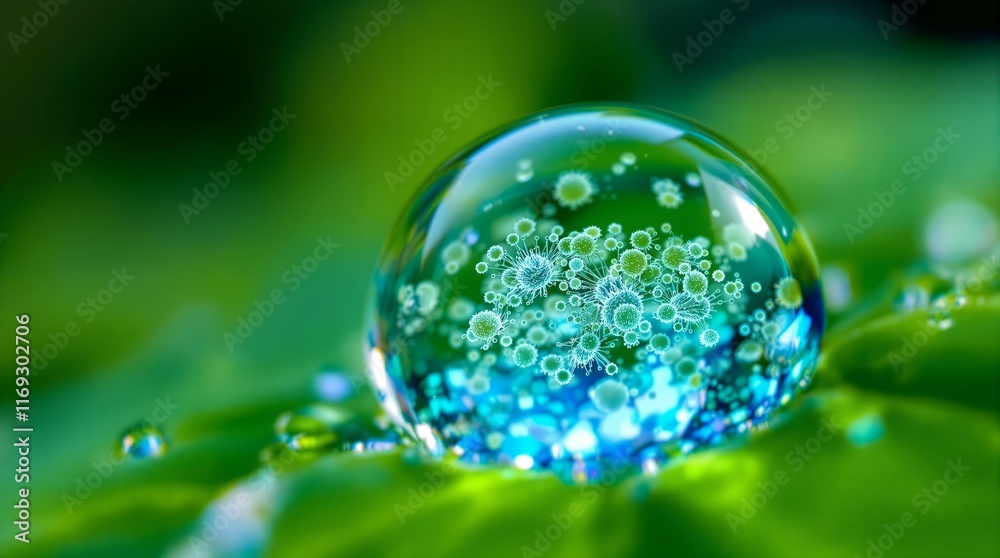 Fototapete close-up of a water bubble resting on a green leaf, with tiny bubbles inside the larger bubble, crea
