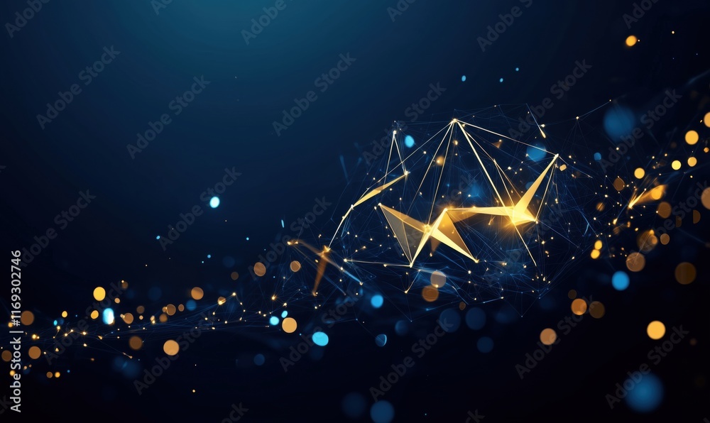 Poster abstract digital network visualization with glowing geometric shapes and particles, representing dat