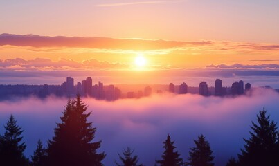 Obraz premium Stunning Sunrise Over City Skyline Surrounded by Fog and Trees, Vibrant Colors of Dawn Reflecting on Urban Landscape