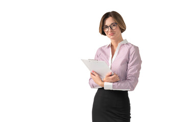 Portrait of attractive business woman holding tablet