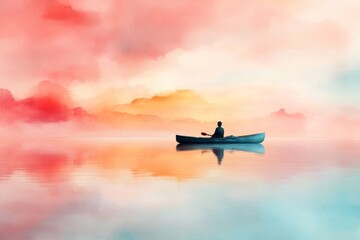 A dreamy watercolor painting of a kayak drifting on a still lake at sunrise, with pastel tones blending seamlessly