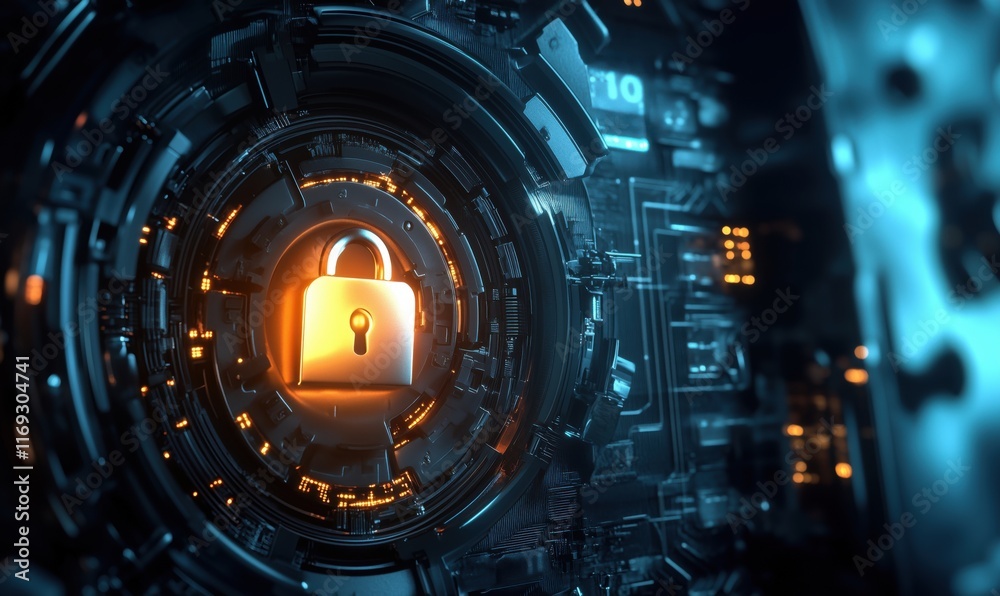Poster digital lock symbolizing cybersecurity in futuristic technology environment with circuit patterns an