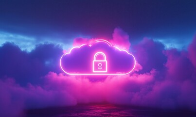 Cloud security concept with glowing padlock symbol in vibrant neon colors amidst dramatic clouds and atmospheric lighting
