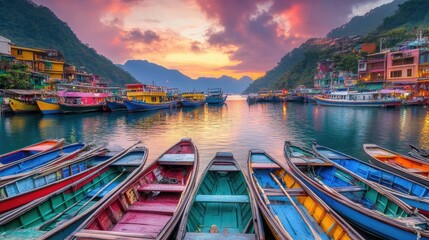 Naklejka premium Colorful Fishing Boats in Vibrant Harbor at Sunset in the Mountains
