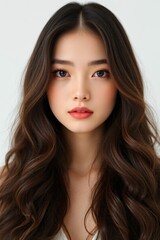 Naklejka premium arafed asian woman with long brown hair and a white top