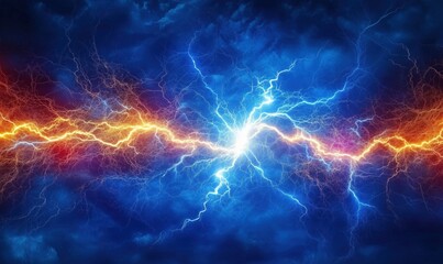 Electric storm with vibrant blue and orange lightning bolts illuminating dark clouds