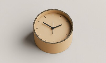 Minimalist cardboard clock design featuring simple black hands and a beige face, showcasing eco-friendly materials and modern aesthetics