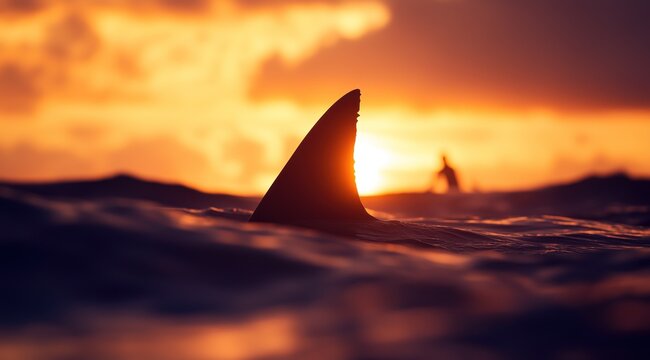 Un aileron de requin &eacute;mergeant &agrave; la surface de l'oc&eacute;an, surfeur en arri&egrave;re-plan, coucher de soleil, symbolisant le danger et la beaut&eacute; du monde marin.