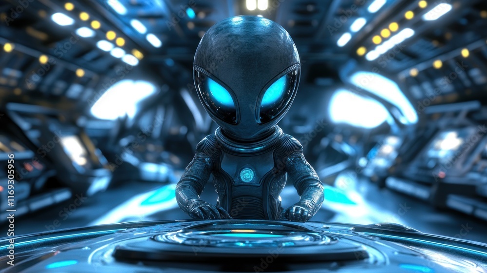 Poster A futuristic alien character operates a control panel in a high-tech spacecraft interior.